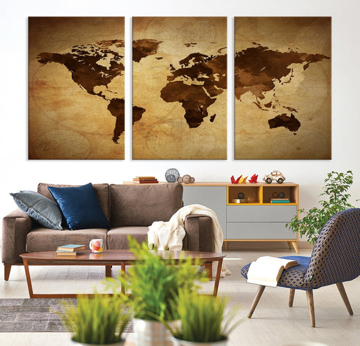 Old Style Sephia World Map Canvas Wall Art Giclee Print