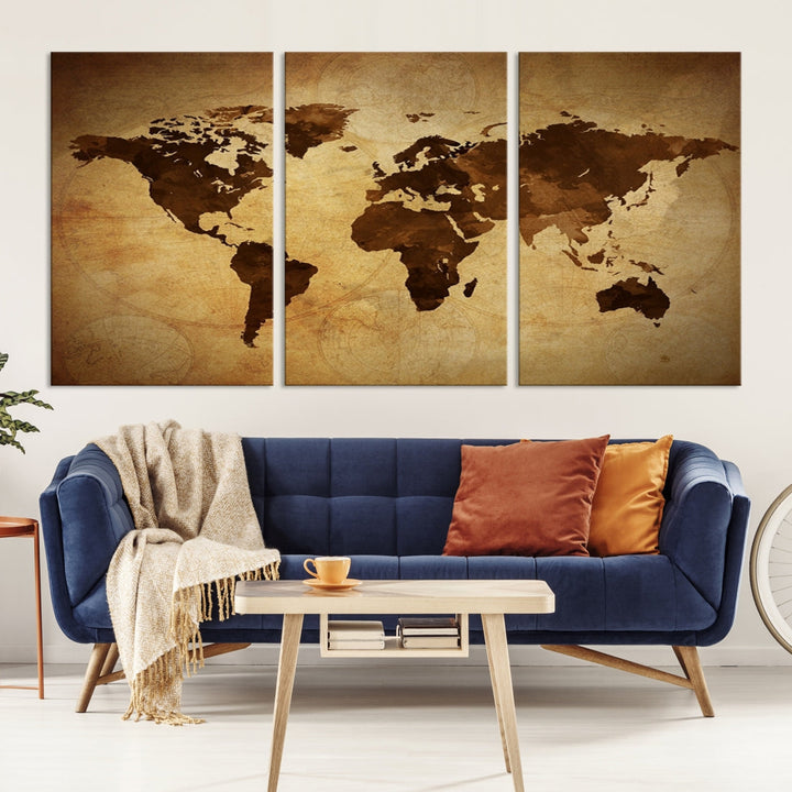 Old Style Sephia World Map Canvas Wall Art Giclee Print