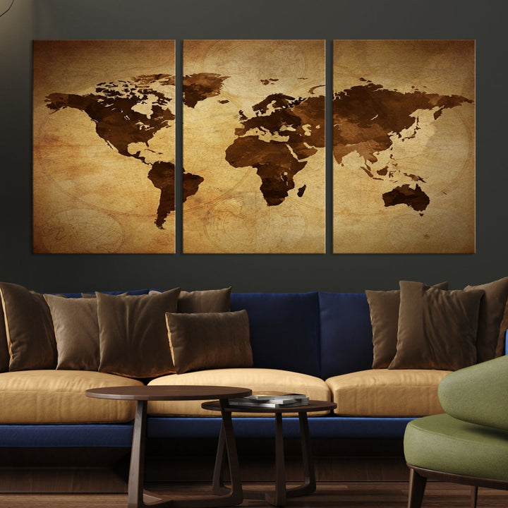 Old Style Sephia World Map Canvas Wall Art Giclee Print