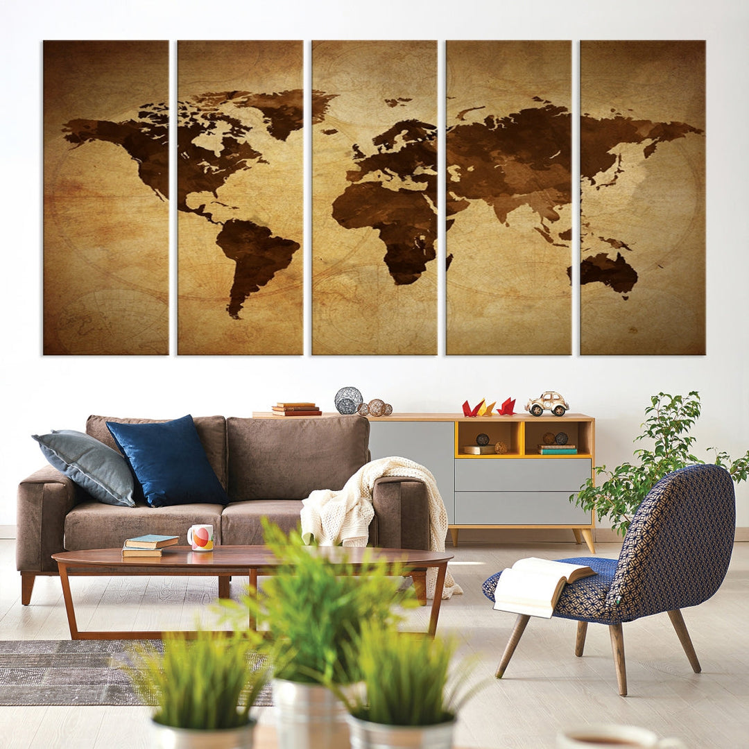 Old Style Sephia World Map Canvas Wall Art Giclee Print