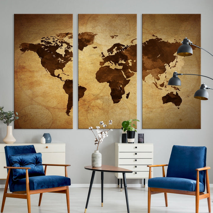 Old Style Sephia World Map Canvas Wall Art Giclee Print