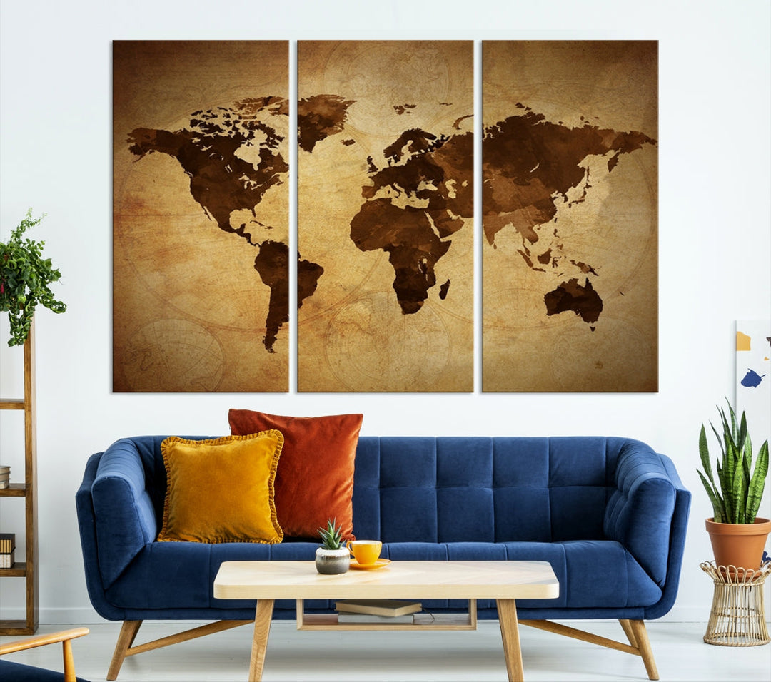 Old Style Sephia World Map Canvas Wall Art Giclee Print