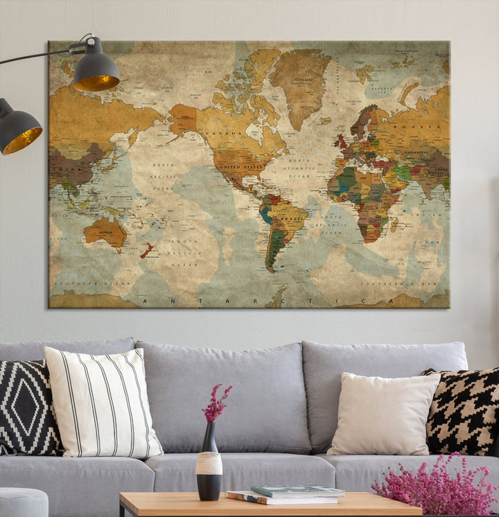 Old Style Sephia World Map Wall Art Multi Panel Canvas Print for Home Decor