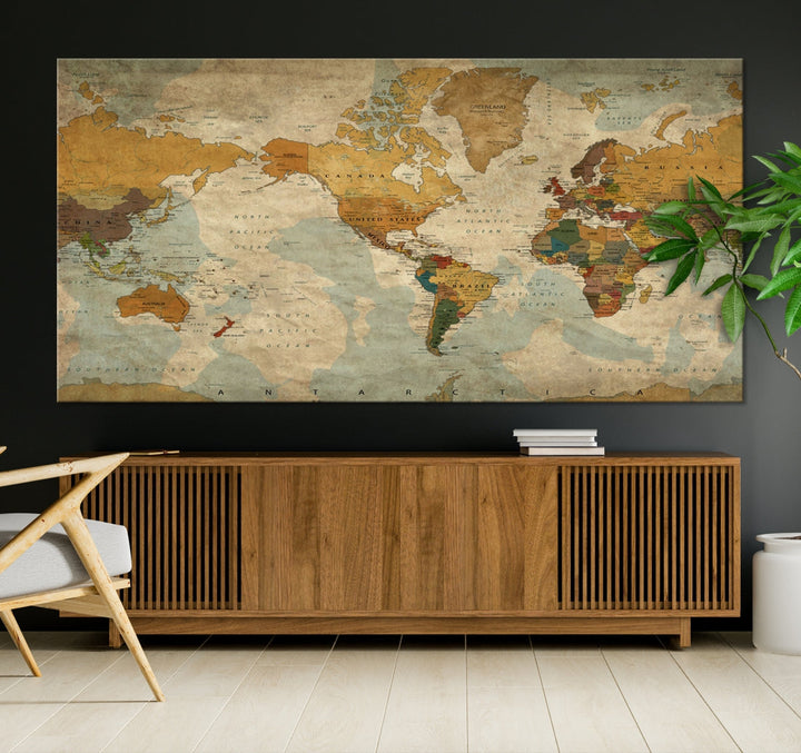 Old Style Sephia World Map Wall Art Multi Panel Canvas Print for Home Decor