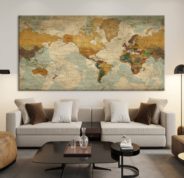 Old Style Sephia World Map Wall Art Multi Panel Canvas Print for Home Decor