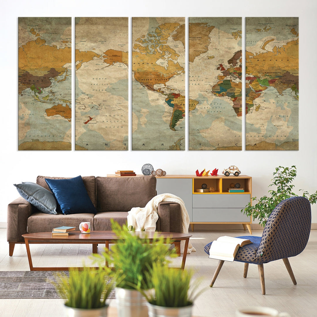 Old Style Sephia World Map Wall Art Multi Panel Canvas Print for Home Decor