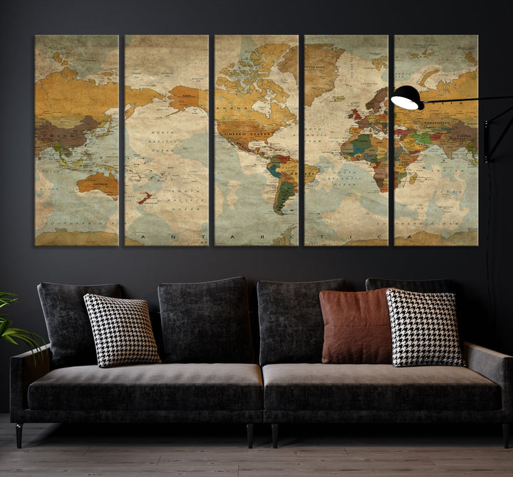 Old Style Sephia World Map Wall Art Multi Panel Canvas Print for Home Decor