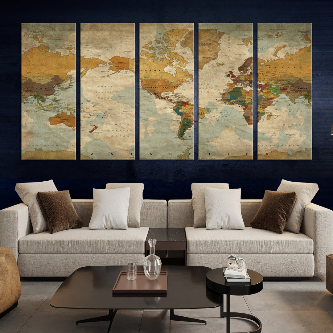 Old Style Sephia World Map Wall Art Multi Panel Canvas Print for Home Decor