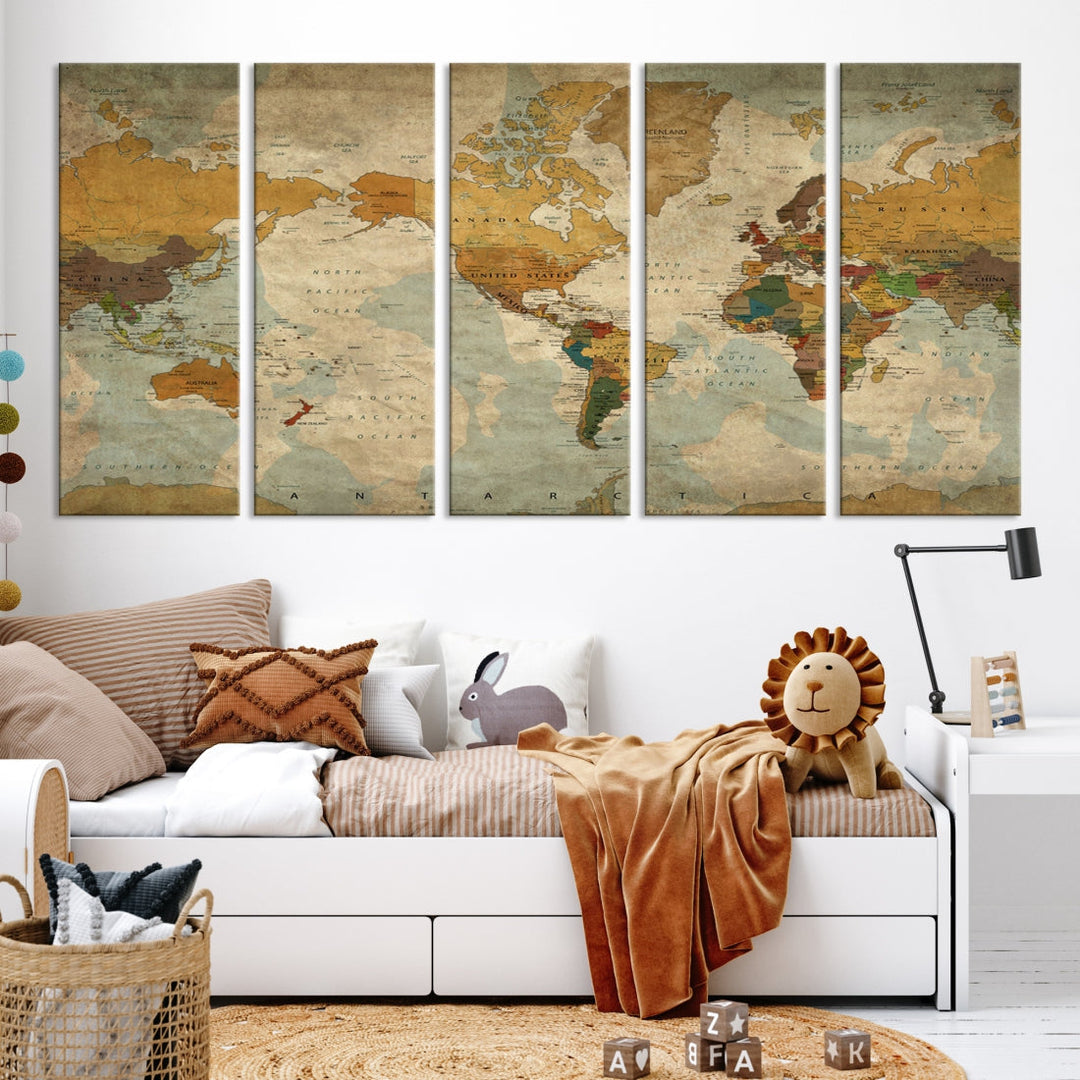 Old Style Sephia World Map Wall Art Multi Panel Canvas Print for Home Decor