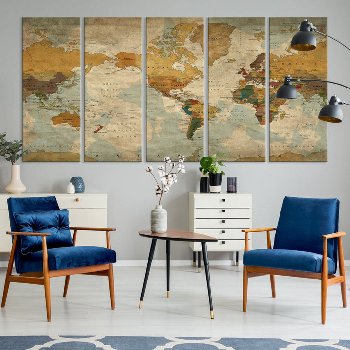 Old Style Sephia World Map Wall Art Multi Panel Canvas Print for Home Decor