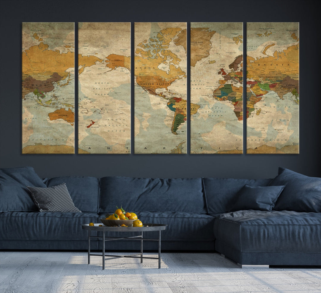 Old Style Sephia World Map Wall Art Multi Panel Canvas Print for Home Decor