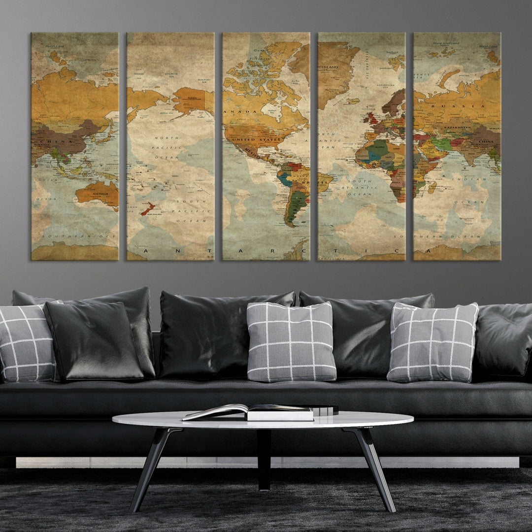 Old Style Sephia World Map Wall Art Multi Panel Canvas Print for Home Decor