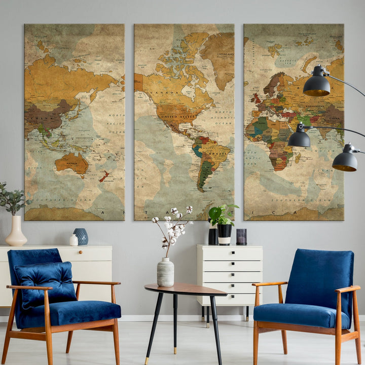 Old Style Sephia World Map Wall Art Multi Panel Canvas Print for Home Decor