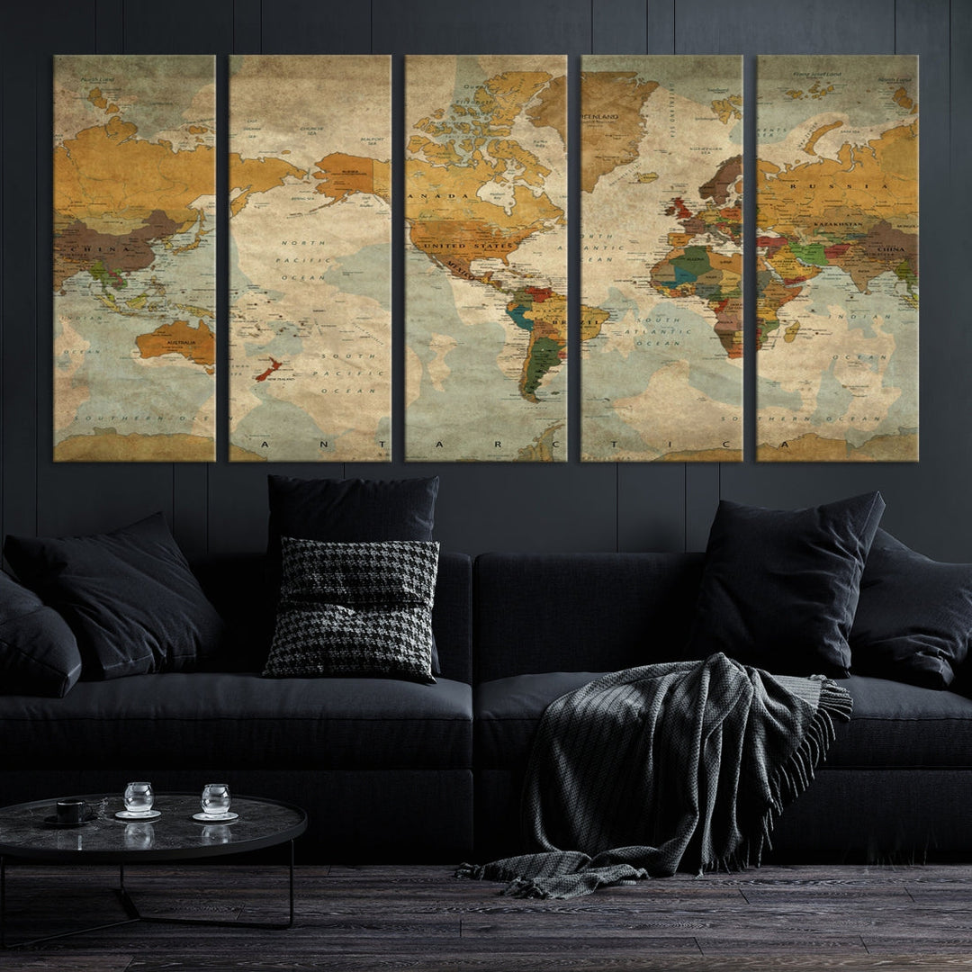 Old Style Sephia World Map Wall Art Multi Panel Canvas Print for Home Decor