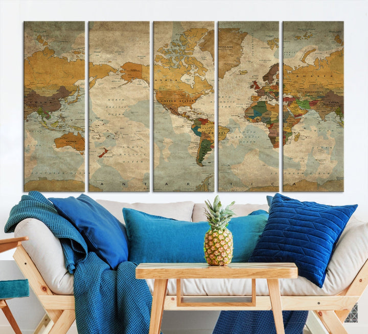 Old Style Sephia World Map Wall Art Multi Panel Canvas Print for Home Decor