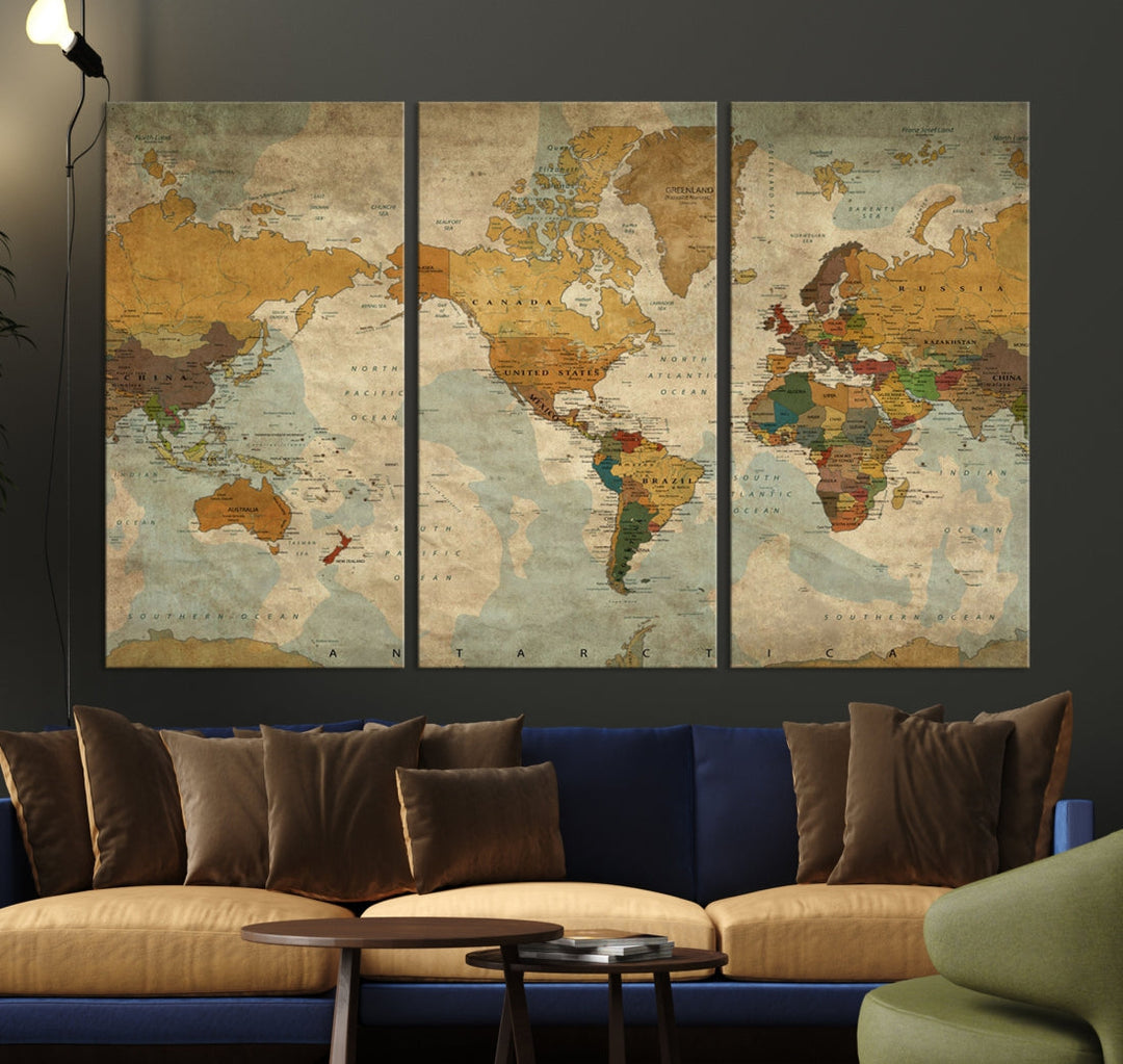 Old Style Sephia World Map Wall Art Multi Panel Canvas Print for Home Decor