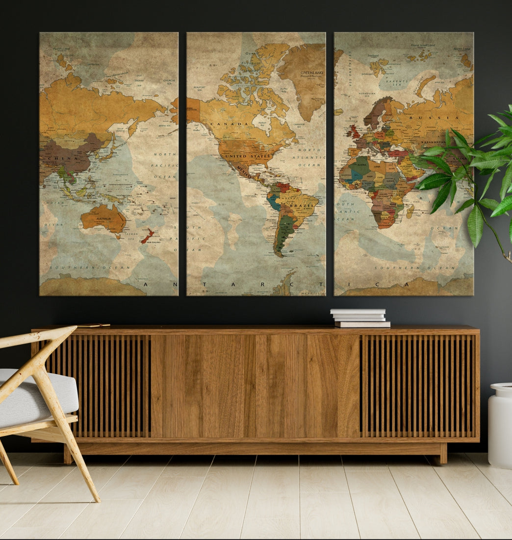 Old Style Sephia World Map Wall Art Multi Panel Canvas Print for Home Decor