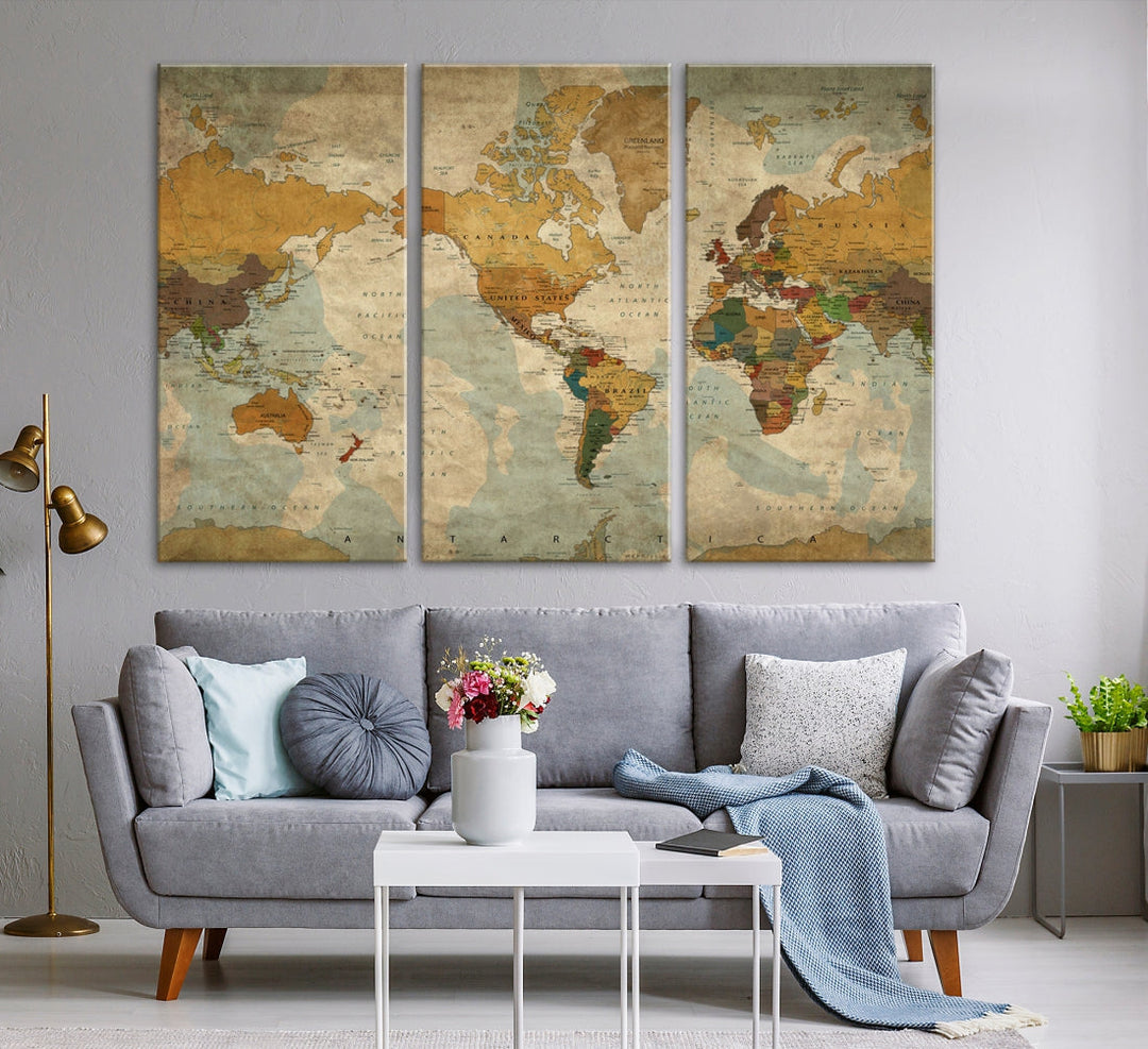 Old Style Sephia World Map Wall Art Multi Panel Canvas Print for Home Decor