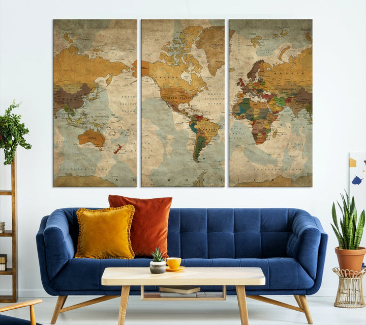 Old Style Sephia World Map Wall Art Multi Panel Canvas Print for Home Decor