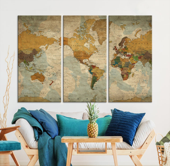 Old Style Sephia World Map Wall Art Multi Panel Canvas Print for Home Decor