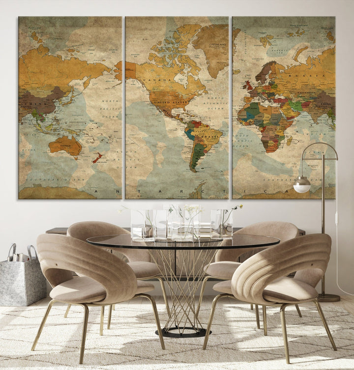 Old Style Sephia World Map Wall Art Multi Panel Canvas Print for Home Decor