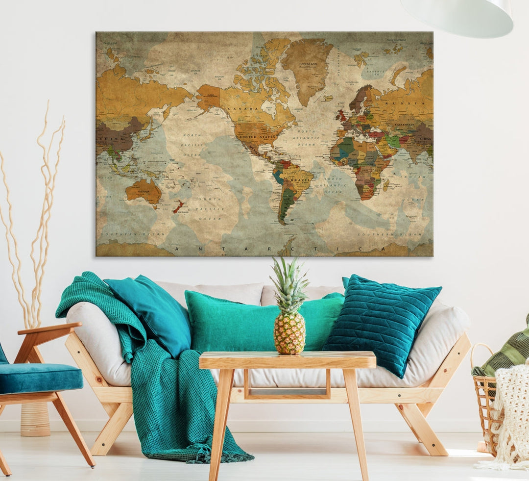 Old Style Sephia World Map Wall Art Multi Panel Canvas Print for Home Decor