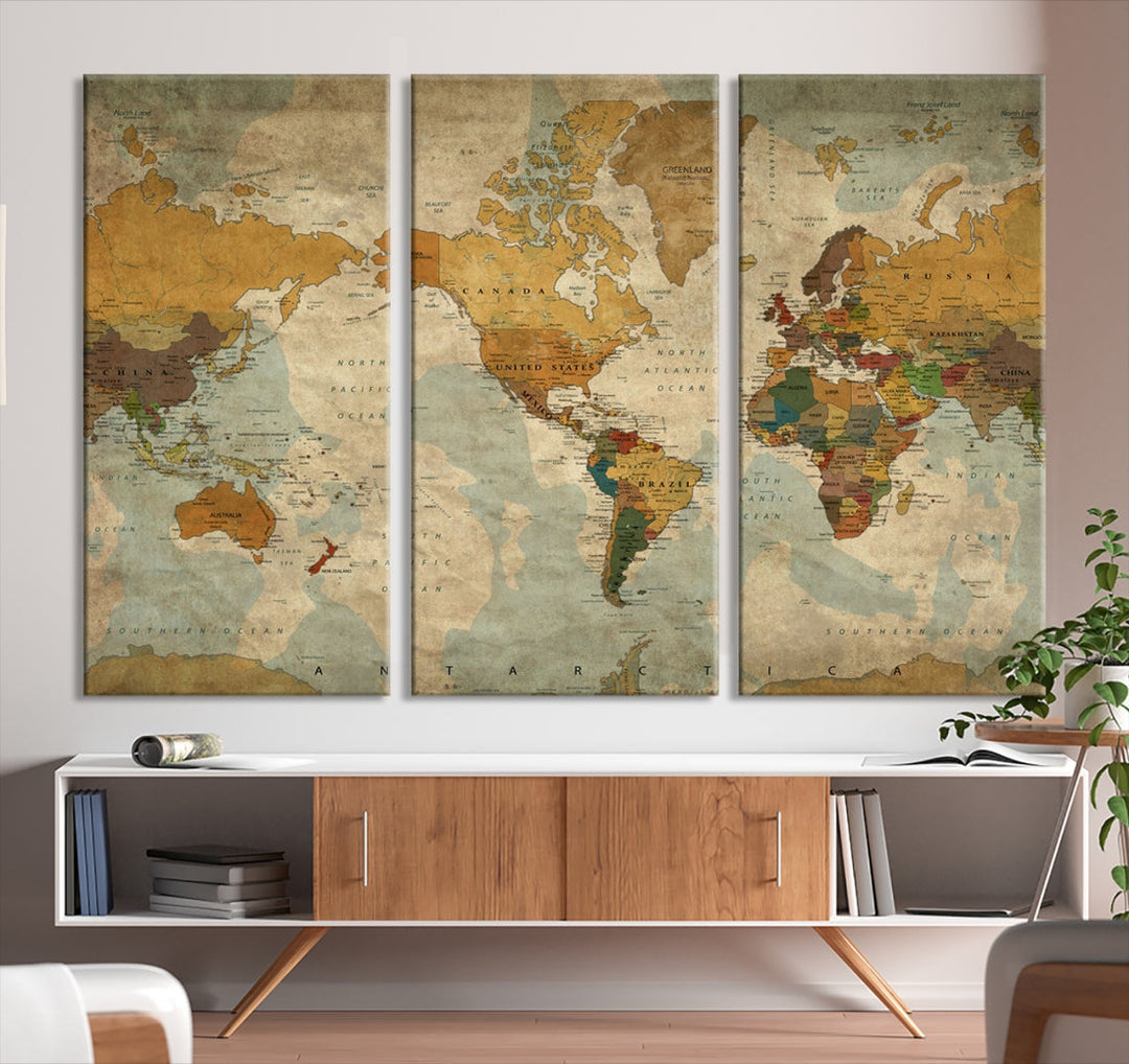 Old Style Sephia World Map Wall Art Multi Panel Canvas Print for Home Decor