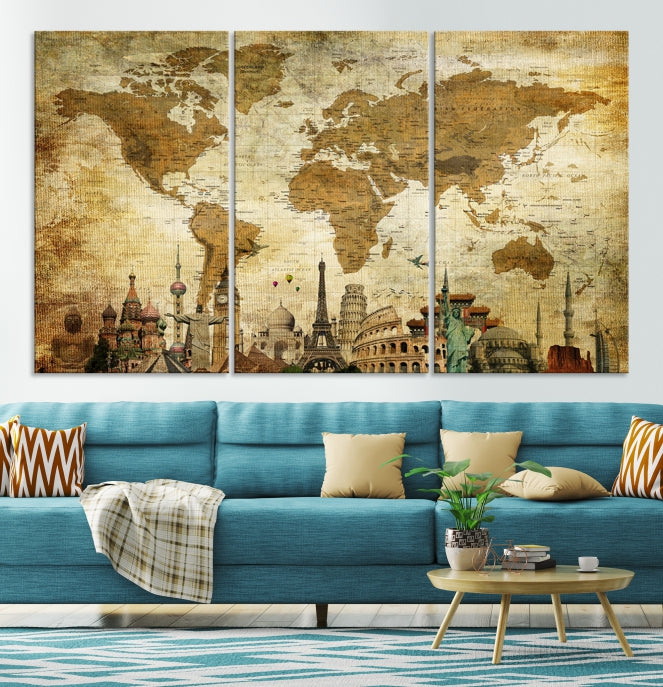 Old Style World Map Wall Art Push Pin Map Artwork Canvas Print with World Landmarks