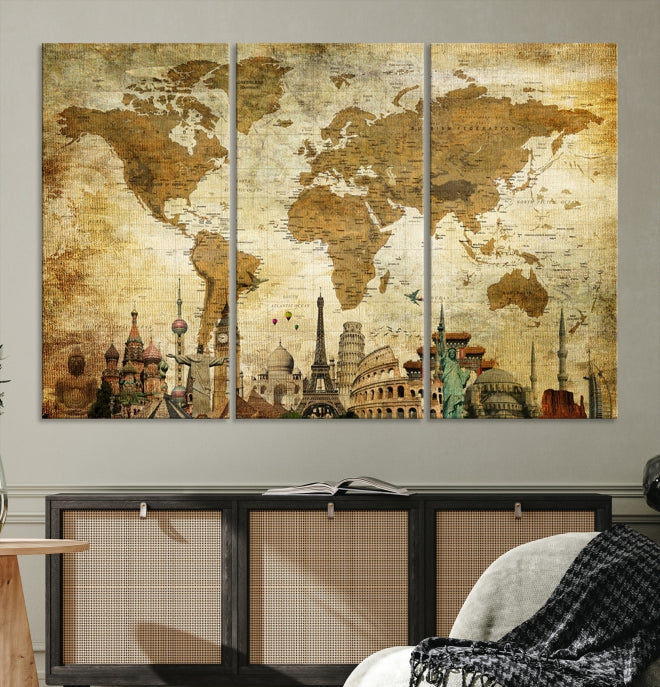 Old Style World Map Wall Art Push Pin Map Artwork Canvas Print with World Landmarks