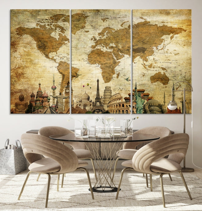 Old Style World Map Wall Art Push Pin Map Artwork Canvas Print with World Landmarks