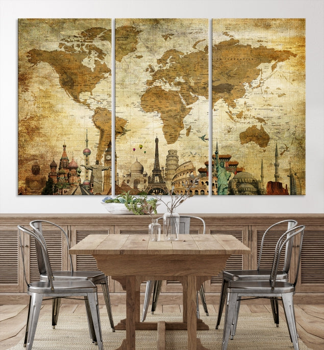 Old Style World Map Wall Art Push Pin Map Artwork Canvas Print with World Landmarks