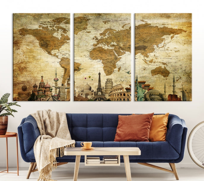 Old Style World Map Wall Art Push Pin Map Artwork Canvas Print with World Landmarks