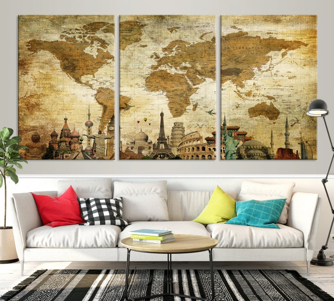 Old Style World Map Wall Art Push Pin Map Artwork Canvas Print with World Landmarks