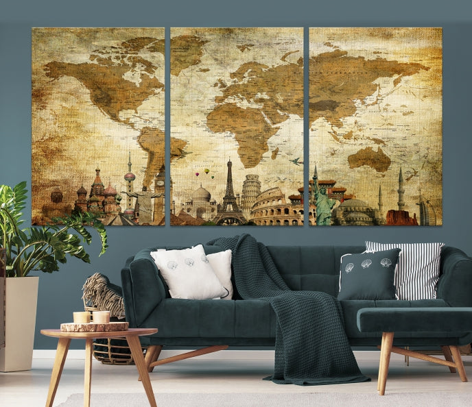 Old Style World Map Wall Art Push Pin Map Artwork Canvas Print with World Landmarks