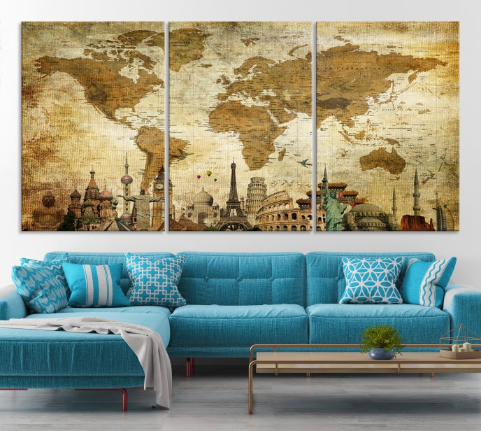 Old Style World Map Wall Art Push Pin Map Artwork Canvas Print with World Landmarks