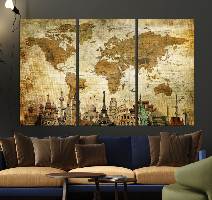 Old Style World Map Wall Art Push Pin Map Artwork Canvas Print with World Landmarks