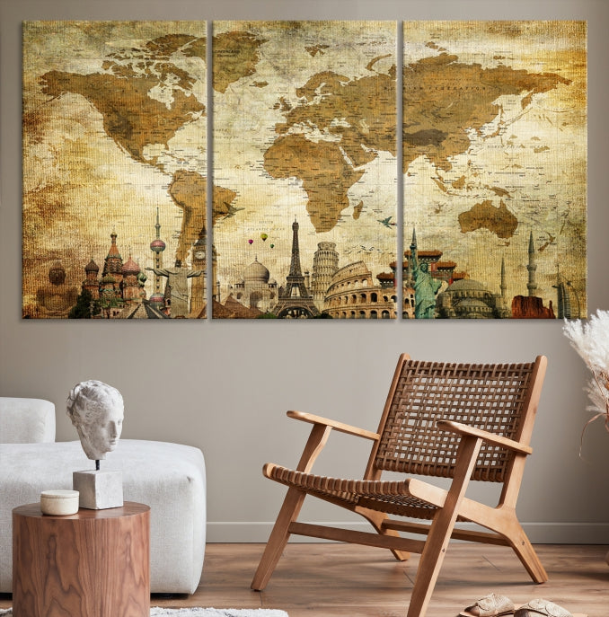 Old Style World Map Wall Art Push Pin Map Artwork Canvas Print with World Landmarks