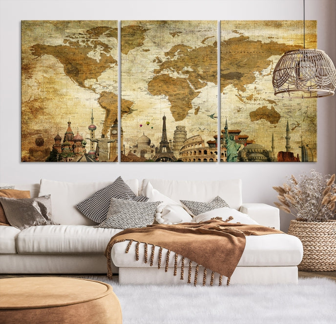 Old Style World Map Wall Art Push Pin Map Artwork Canvas Print with World Landmarks