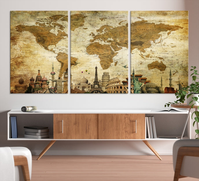 Old Style World Map Wall Art Push Pin Map Artwork Canvas Print with World Landmarks