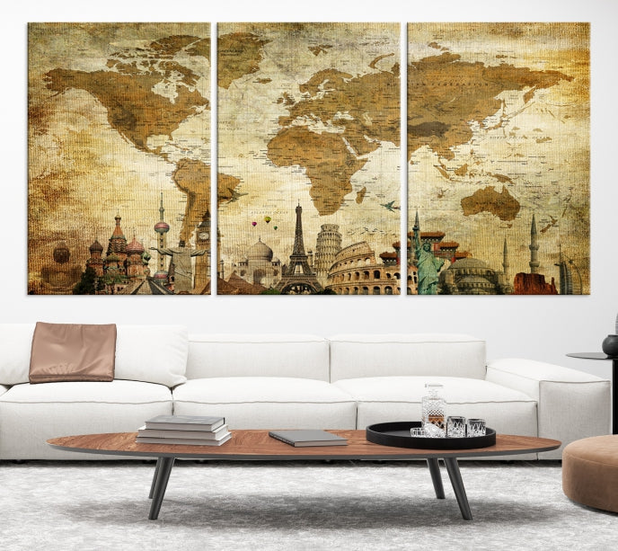 Old Style World Map Wall Art Push Pin Map Artwork Canvas Print with World Landmarks