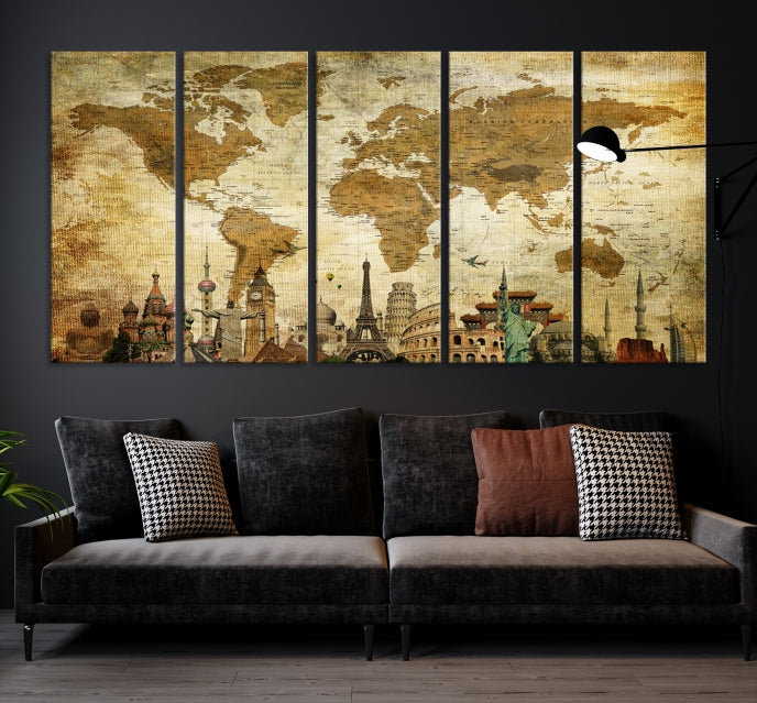 Old Style World Map Wall Art Push Pin Map Artwork Canvas Print with World Landmarks