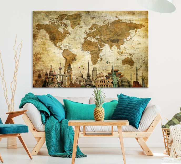 Old Style World Map Wall Art Push Pin Map Artwork Canvas Print with World Landmarks