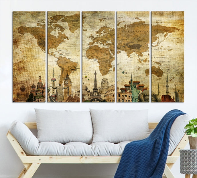 Old Style World Map Wall Art Push Pin Map Artwork Canvas Print with World Landmarks