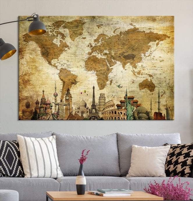 Old Style World Map Wall Art Push Pin Map Artwork Canvas Print with World Landmarks