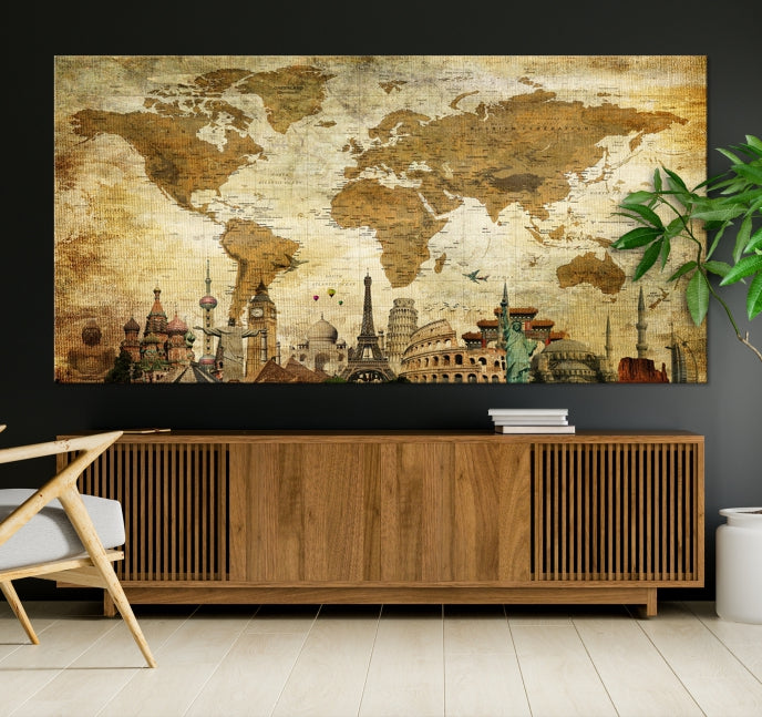 Old Style World Map Wall Art Push Pin Map Artwork Canvas Print with World Landmarks