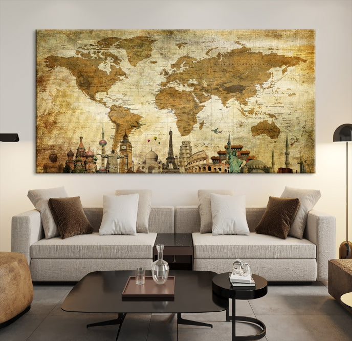 Old Style World Map Wall Art Push Pin Map Artwork Canvas Print with World Landmarks