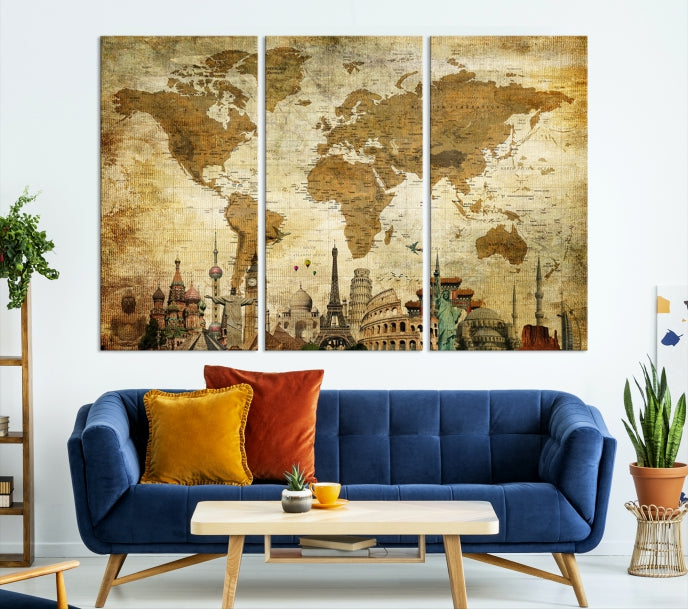 Old Style World Map Wall Art Push Pin Map Artwork Canvas Print with World Landmarks