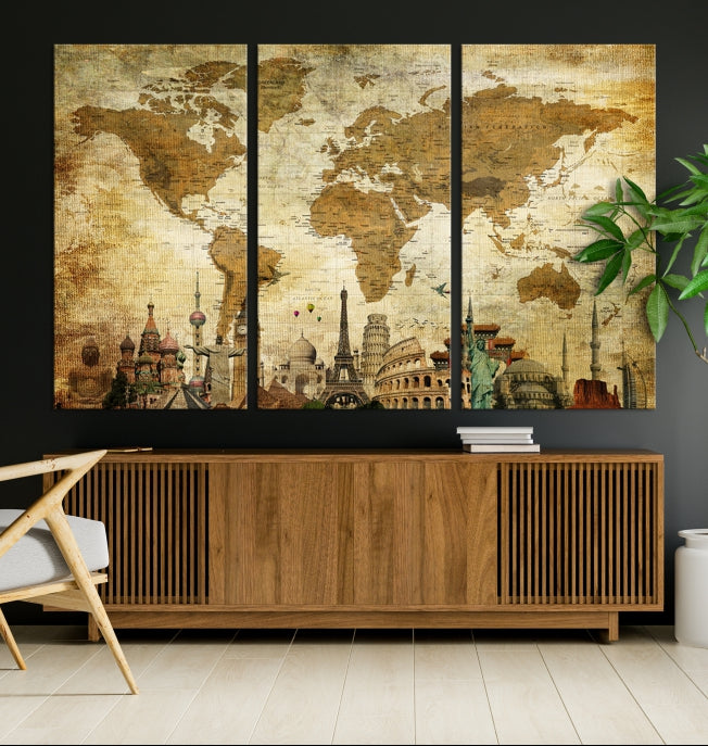 Old Style World Map Wall Art Push Pin Map Artwork Canvas Print with World Landmarks