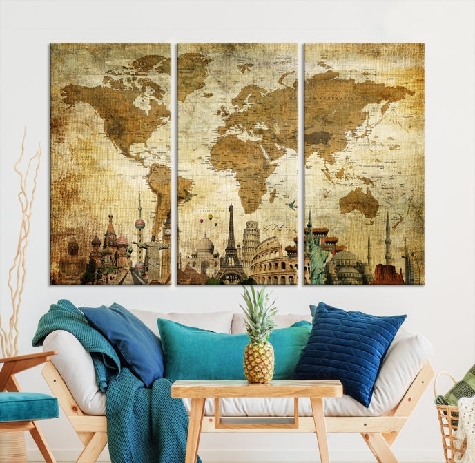 Old Style World Map Wall Art Push Pin Map Artwork Canvas Print with World Landmarks