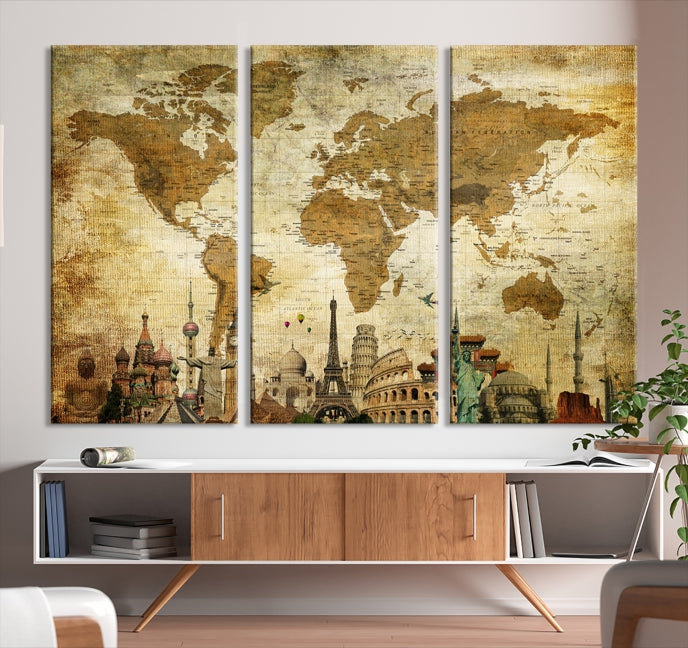 Old Style World Map Wall Art Push Pin Map Artwork Canvas Print with World Landmarks